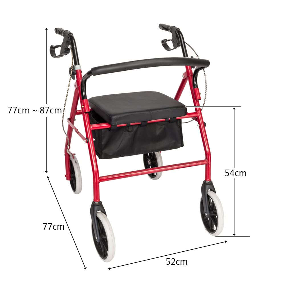 Red Height Adjustable Steel Rolling Walker with Seat C68289
