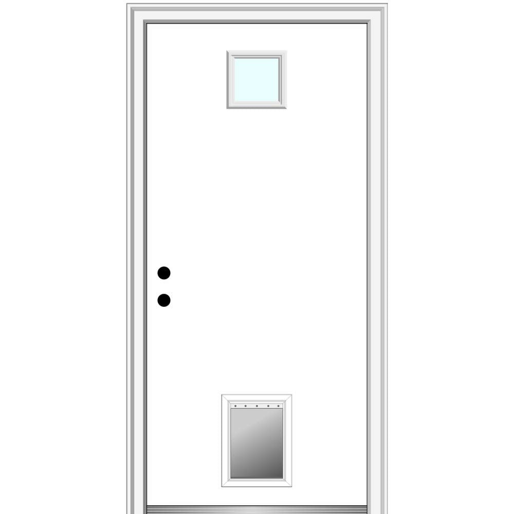 Steel Primed Right Hand In-Swing Prehung Front Door with Pet Door Clear Glass 36" x 80" P2238