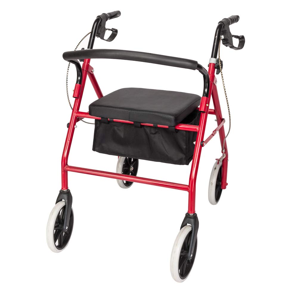 Red Height Adjustable Steel Rolling Walker with Seat C68289