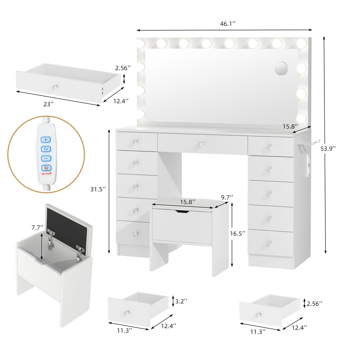 46" Vanity with Lighted Mirror and 11 Drawers J1149