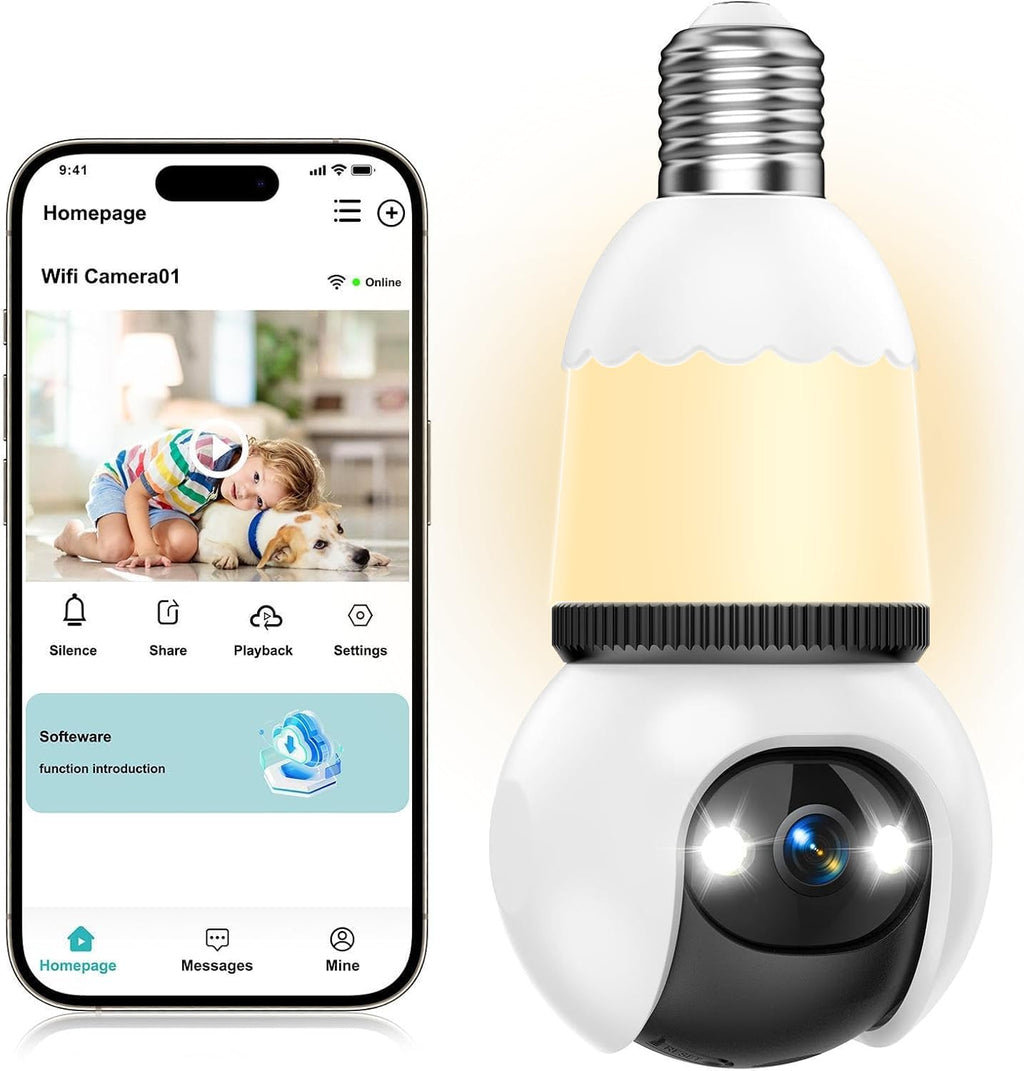 Light Bulb Security Camera 2K Color Night Vision Motion Detection Siren Alarm Two-Way Audio O9634
