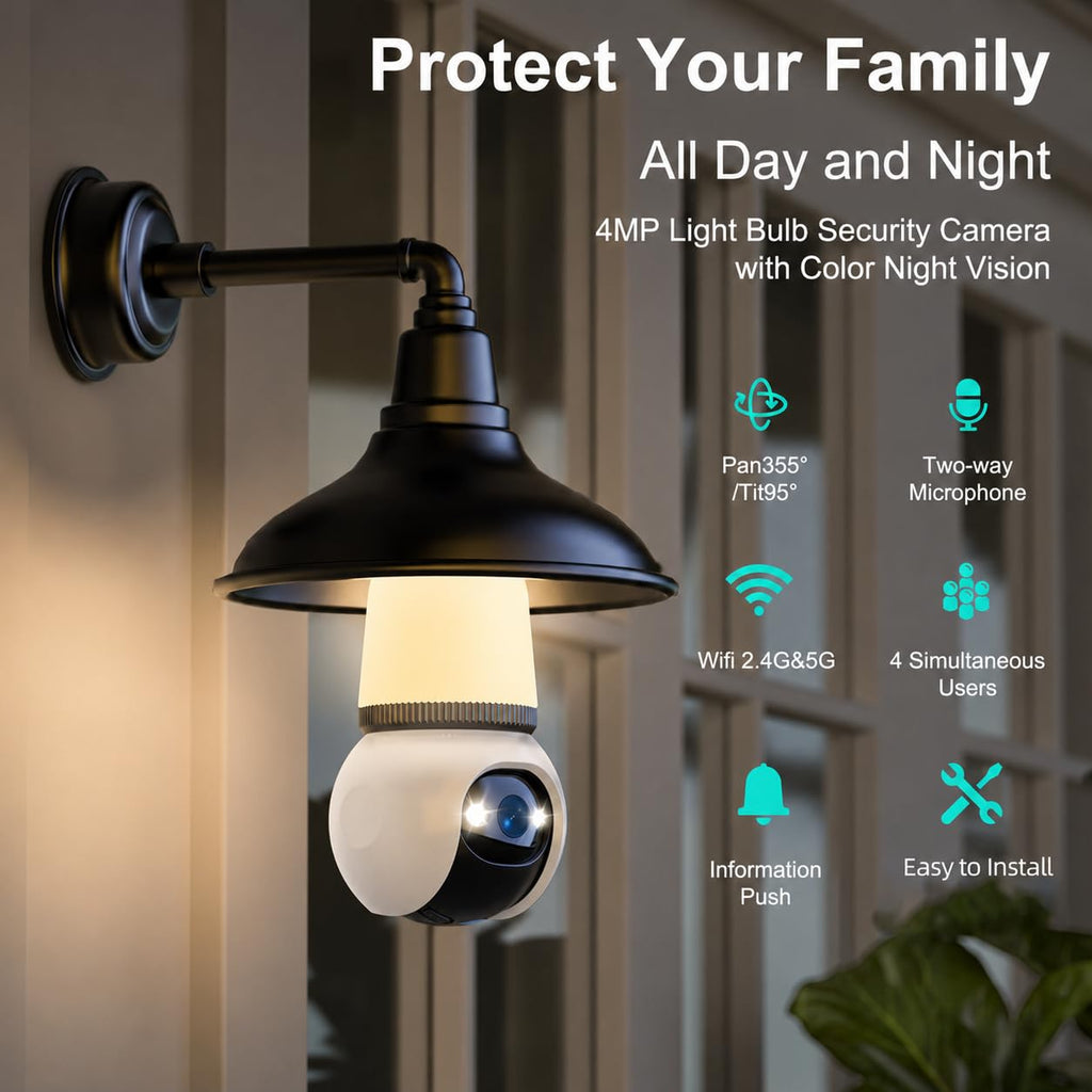 Light Bulb Security Camera 2K Color Night Vision Motion Detection Siren Alarm Two-Way Audio O9634