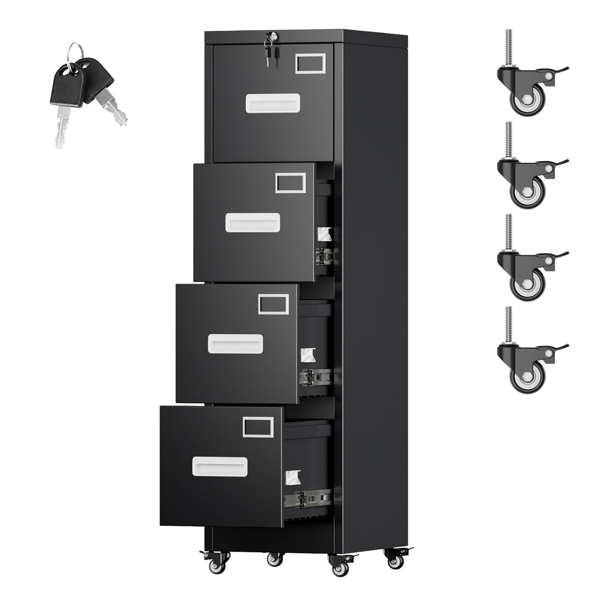 Metal 4 Drawer File Cabinet with Lock and Wheels, Black Z90434