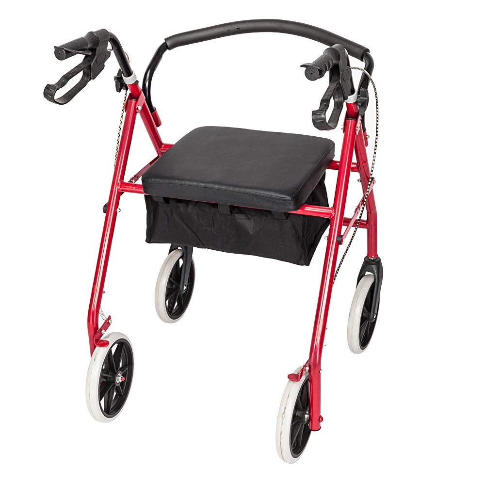 Red Height Adjustable Steel Rolling Walker with Seat C68289