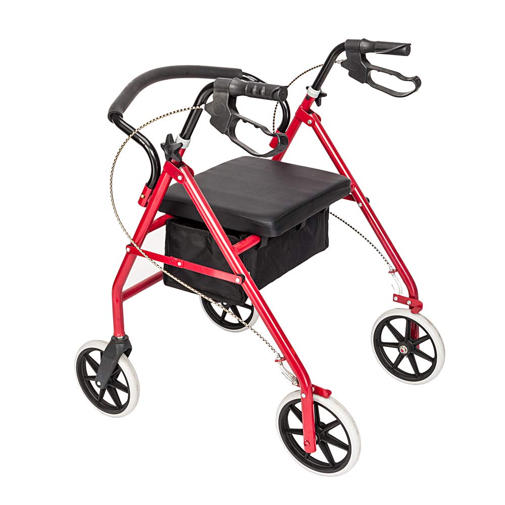Red Height Adjustable Steel Rolling Walker with Seat C68289