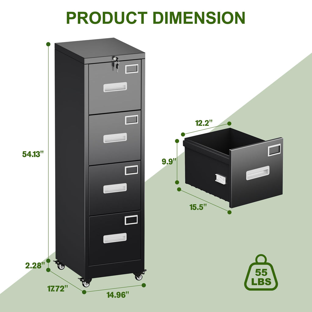 Metal 4 Drawer File Cabinet with Lock and Wheels, Black Z90434