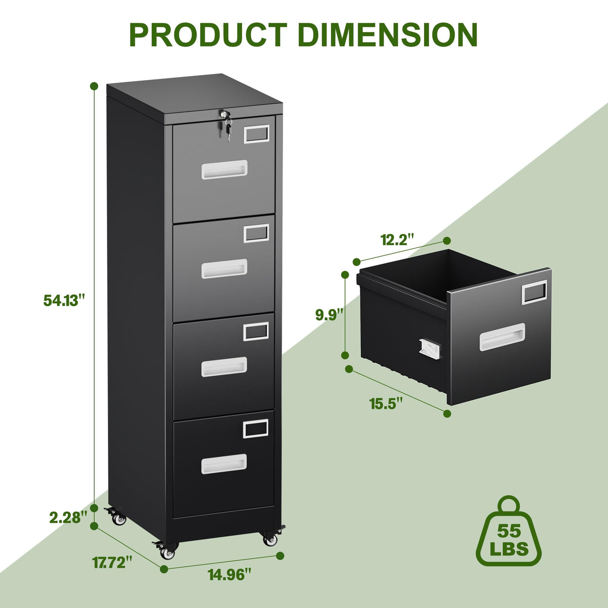 Metal 4 Drawer File Cabinet with Lock and Wheels, Black Z90434