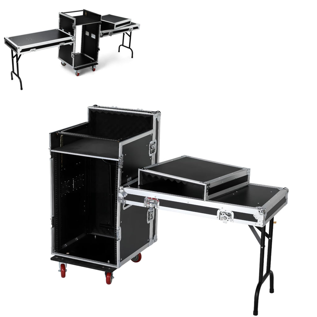 16U DJ Controller Case Rack with 2 Side Tables and 4 Casters O99038