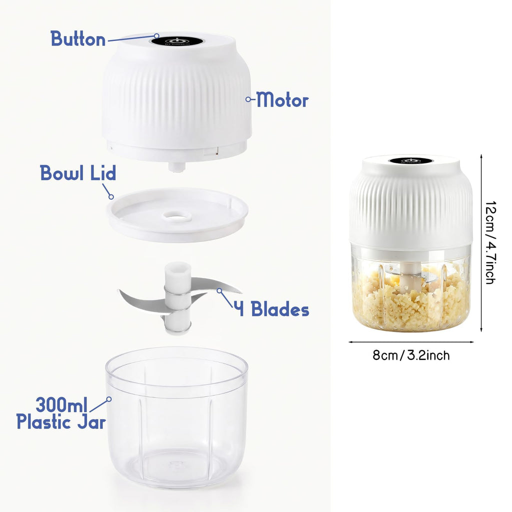 Electric Garlic Chopper, Mini Food Processor, Portable Cordless Garlic Mincer with 4 Stainless Steel Blades, Blue, 300ML G2035