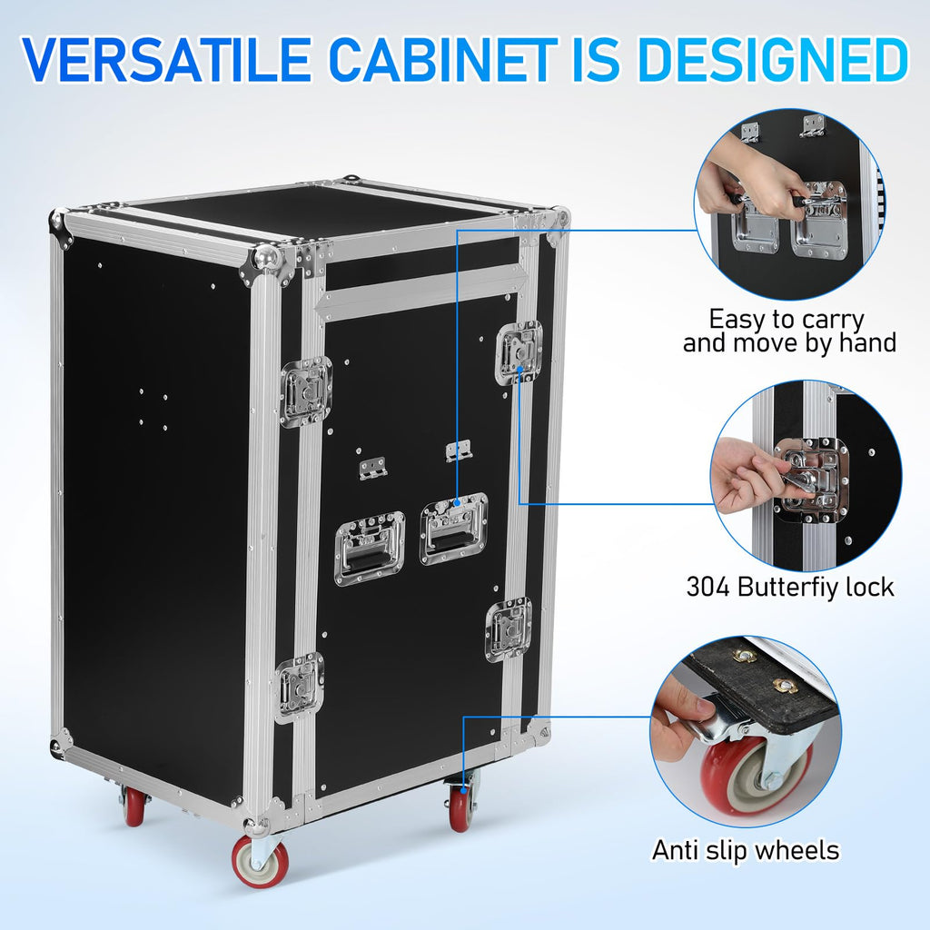 16U DJ Controller Case Rack with 2 Side Tables and 4 Casters O99038