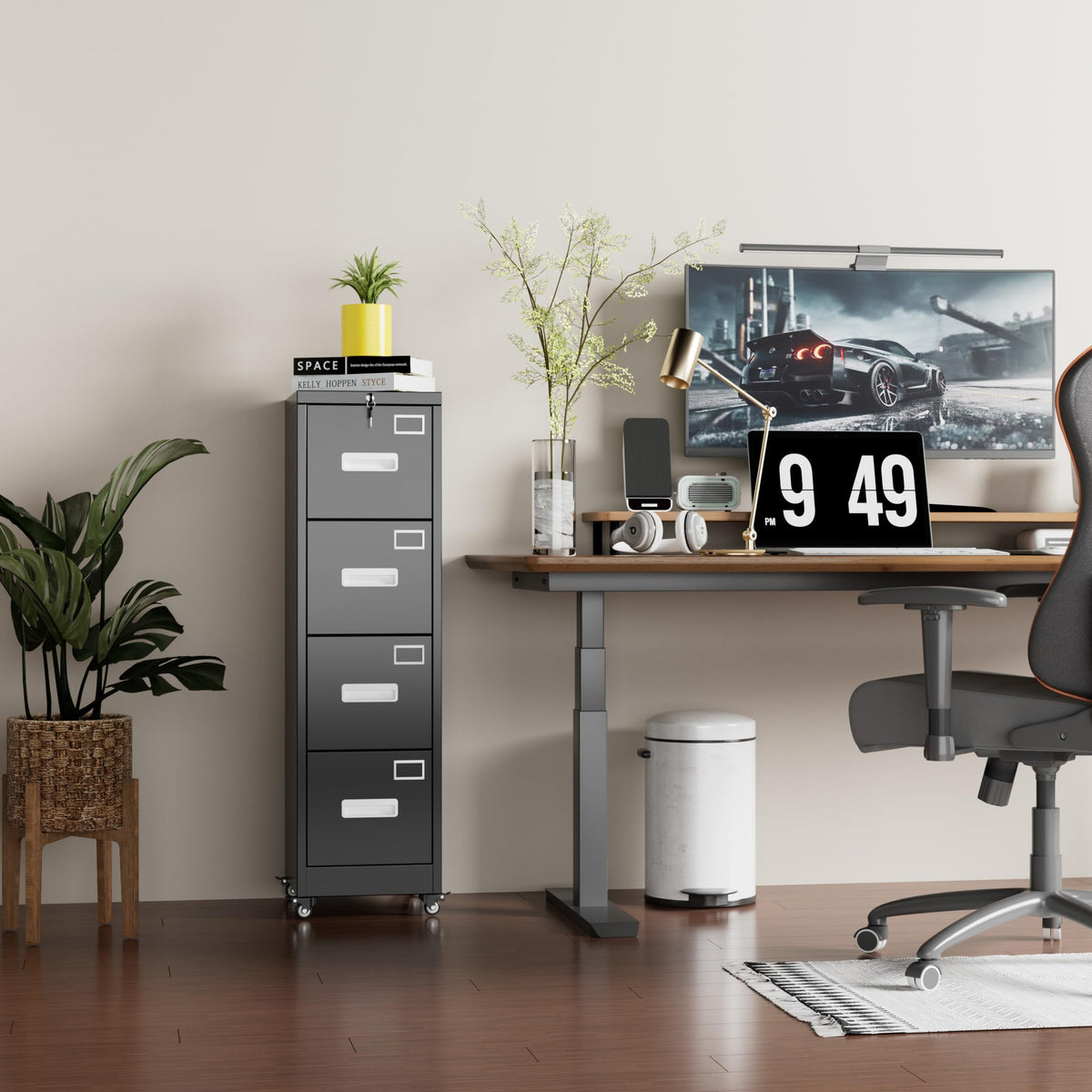 Metal 4 Drawer File Cabinet with Lock and Wheels, Black Z90434
