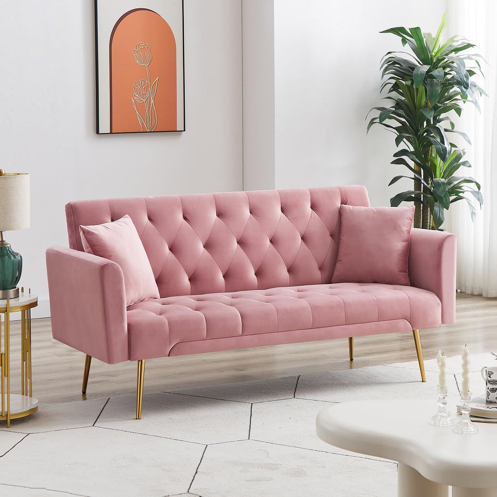 Modern Velvet Sofa Bed Futon with 2 Pillows X9019