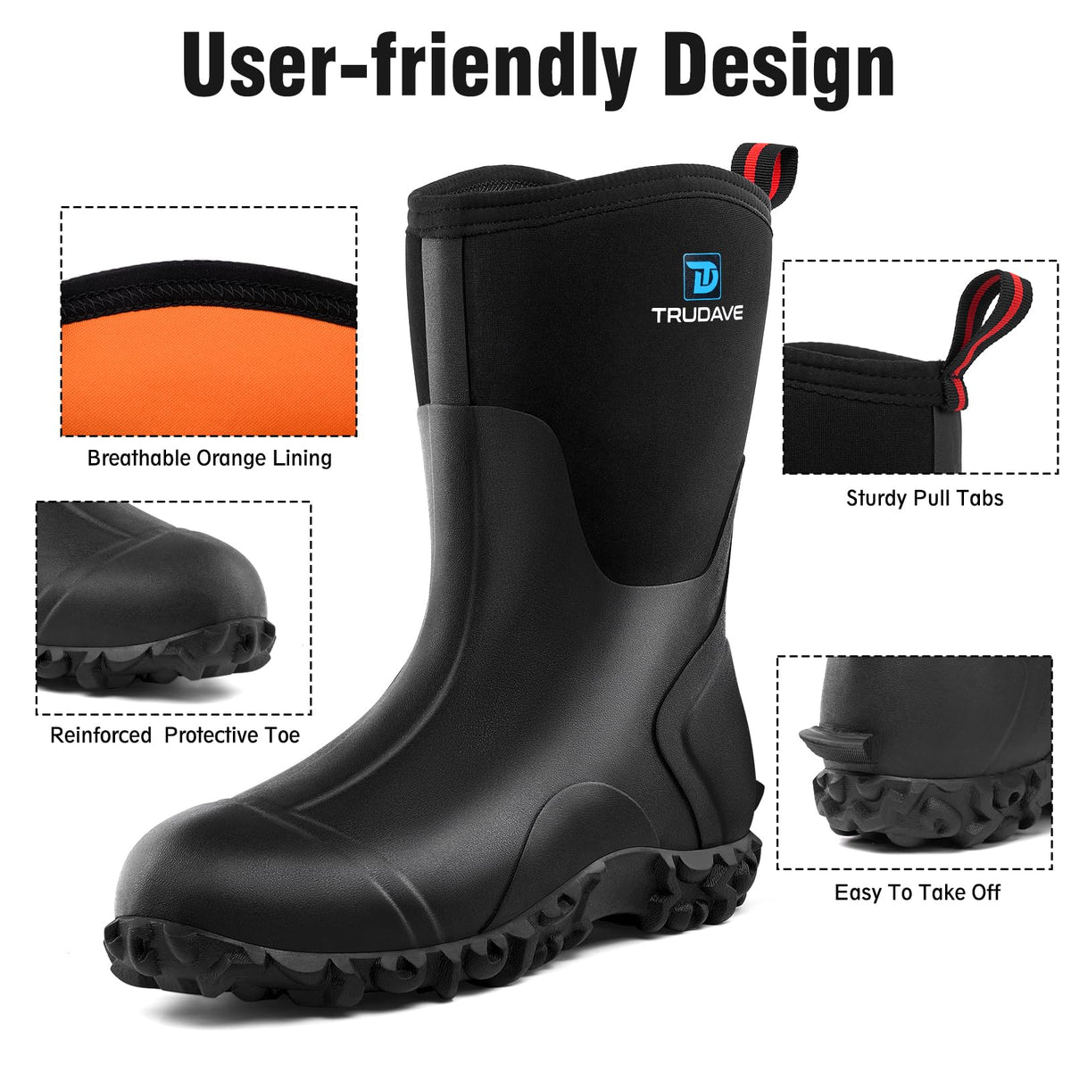 Rubber Boots with Steel Shank, 6mm Neoprene Mid Calf Rain Boots G28135