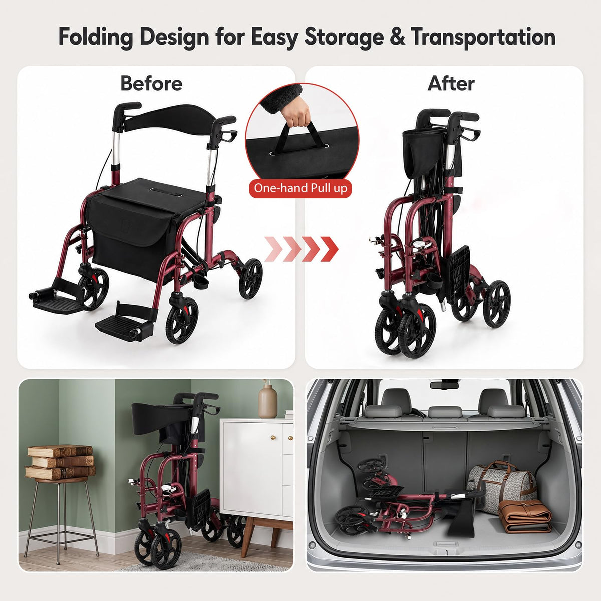 Foldable Rollator Walker 4 Wheel Transport Chair S60980