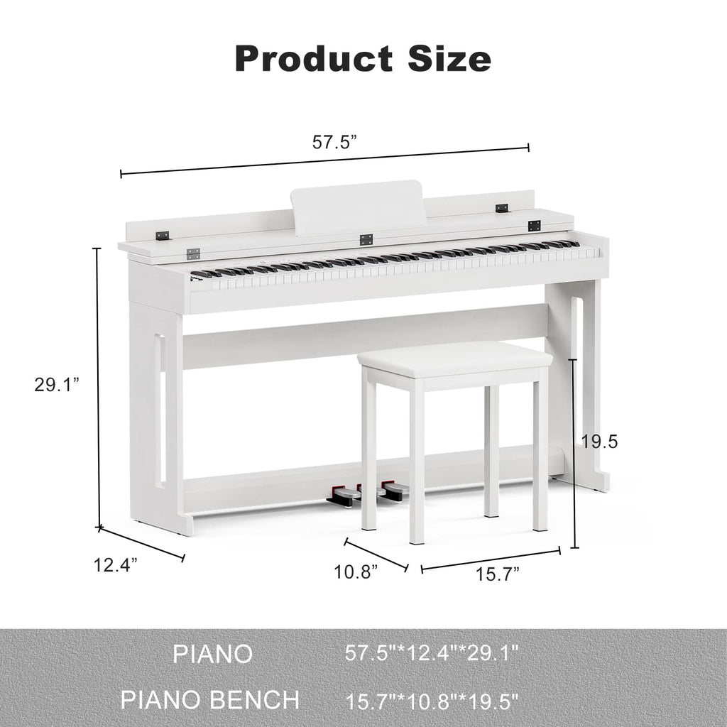 88-Key Weighted Hammer Action Digital Piano with Bench, 3 Pedal Wood Stand, White L778309