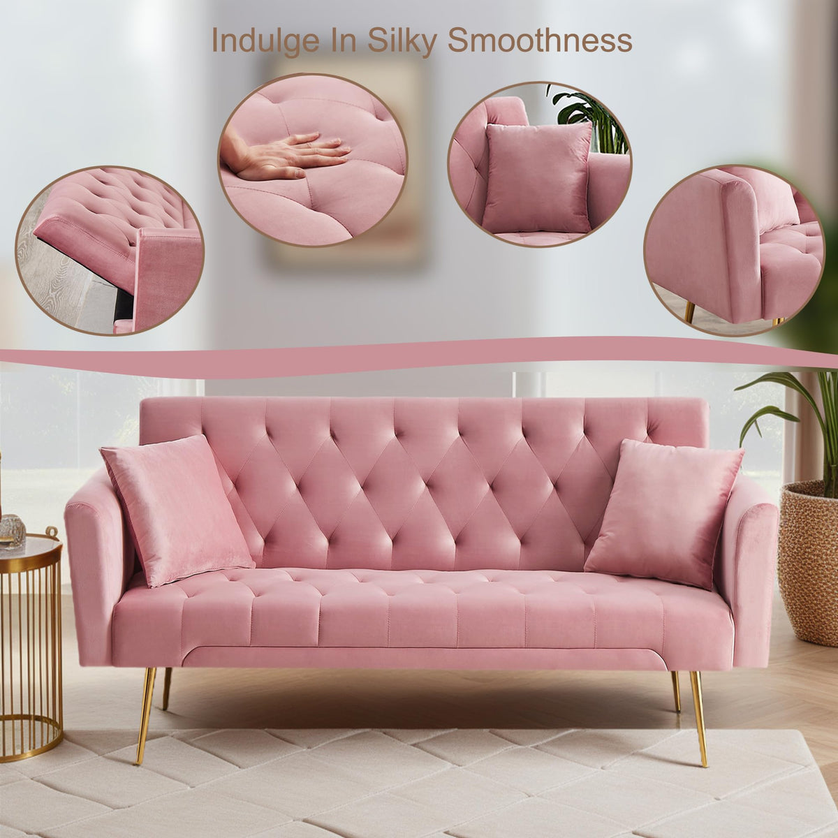 Modern Velvet Sofa Bed Futon with 2 Pillows X9019