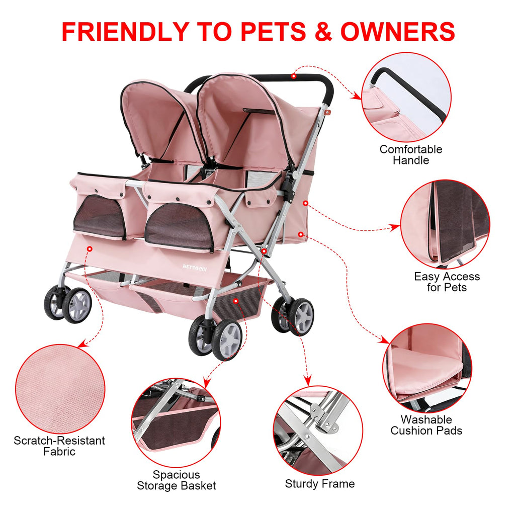 Double Pet Stroller for 2 Small Dogs & Cats, Side-by-Side Twin Travel Carriage with Safety Leashes, Mesh Windows & Double Storage Baskets, Lightweight & Foldable, 44lbs Capacity, Pink O199061