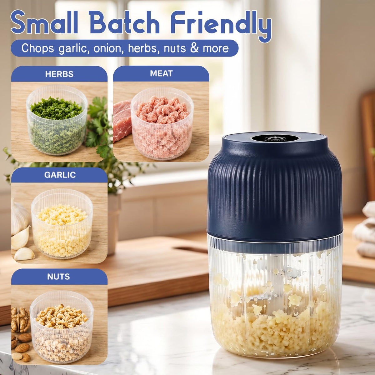 Electric Garlic Chopper, Mini Food Processor, Portable Cordless Garlic Mincer with 4 Stainless Steel Blades, Blue, 300ML G2035