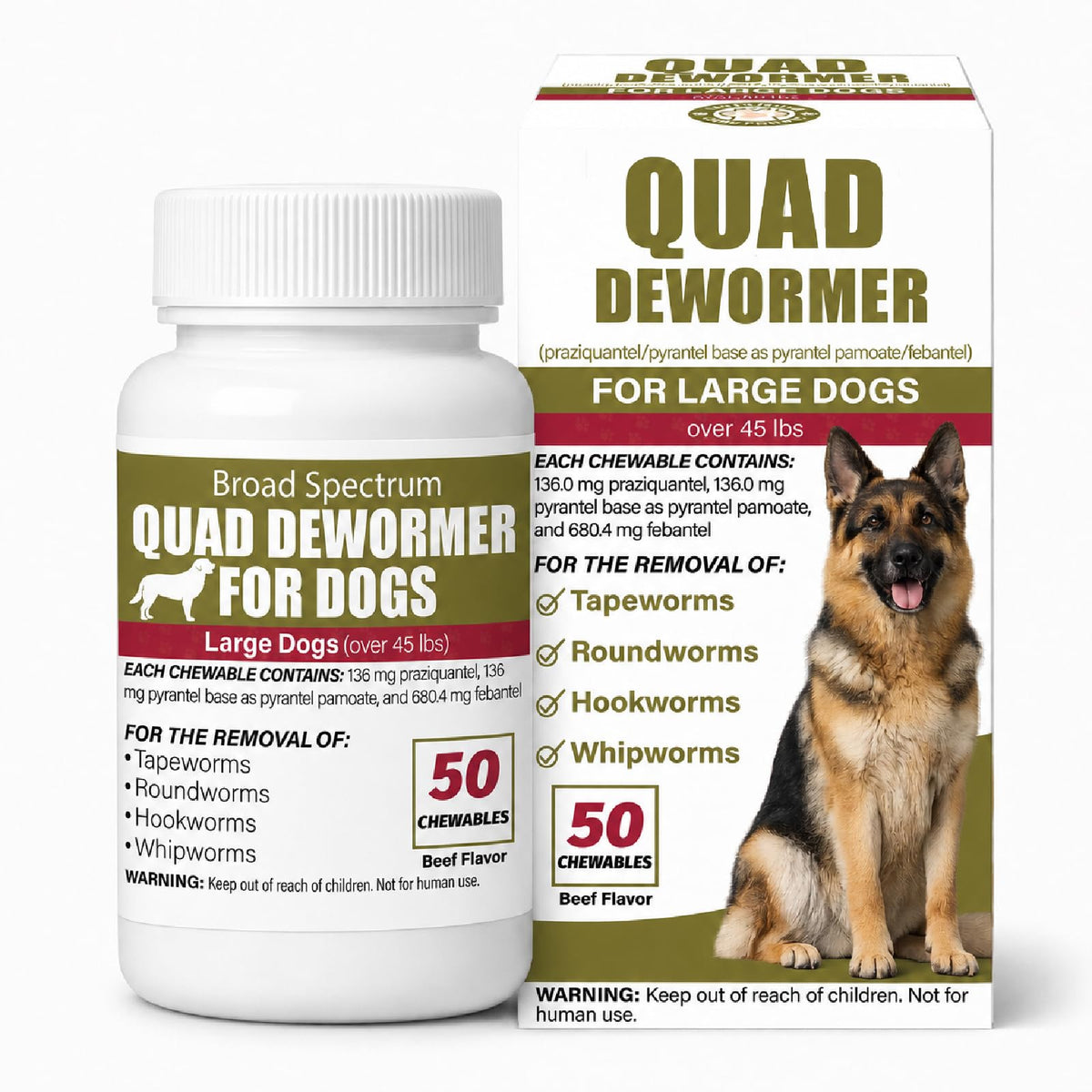 Chewable Dewormer for Dogs Over 45 lbs, 50 Beef Flavored Chewables F697455