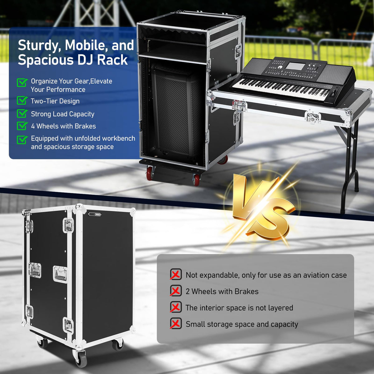 16U DJ Controller Case Rack with 2 Side Tables and 4 Casters O99038