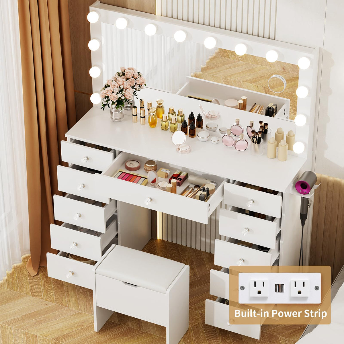46" Vanity with Lighted Mirror and 11 Drawers J1149