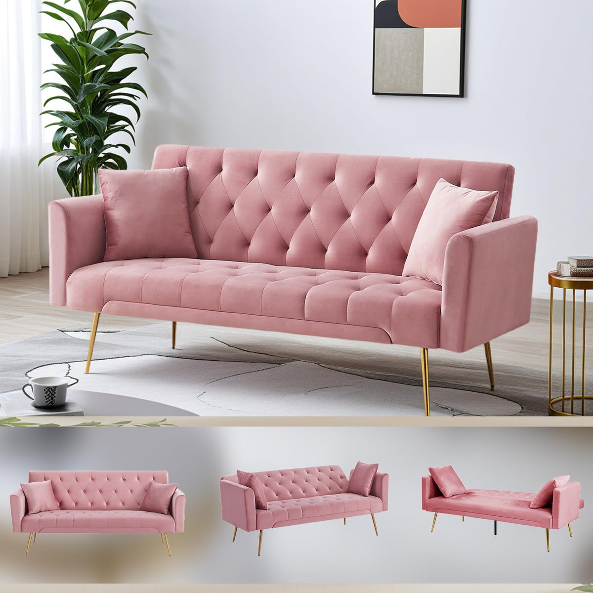 Modern Velvet Sofa Bed Futon with 2 Pillows X9019