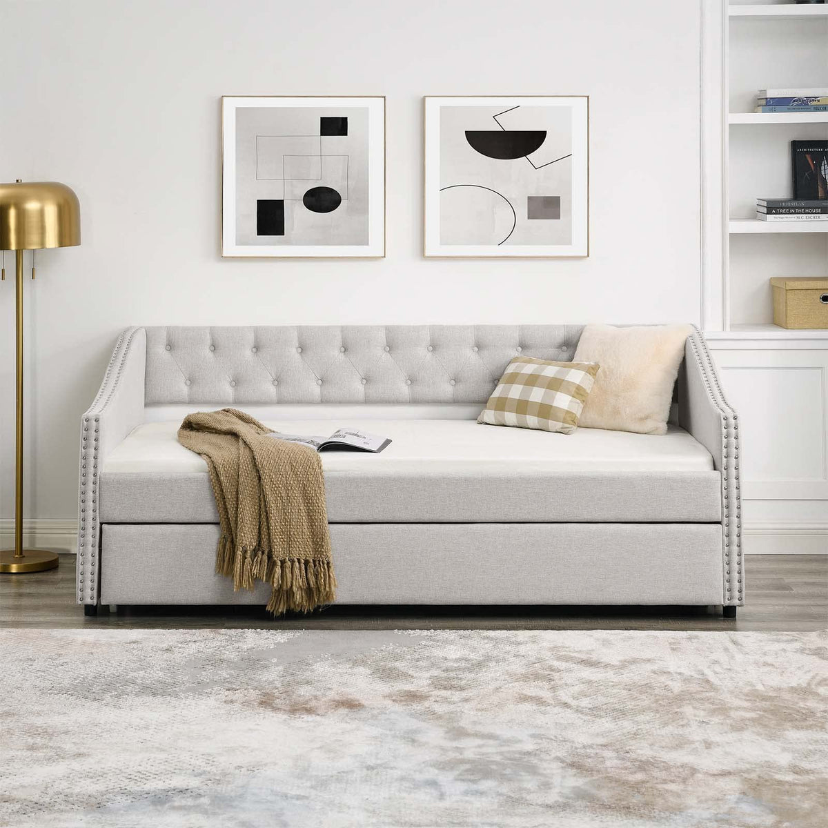 Velvet Upholstered Twin Size Daybed with Trundle I83706