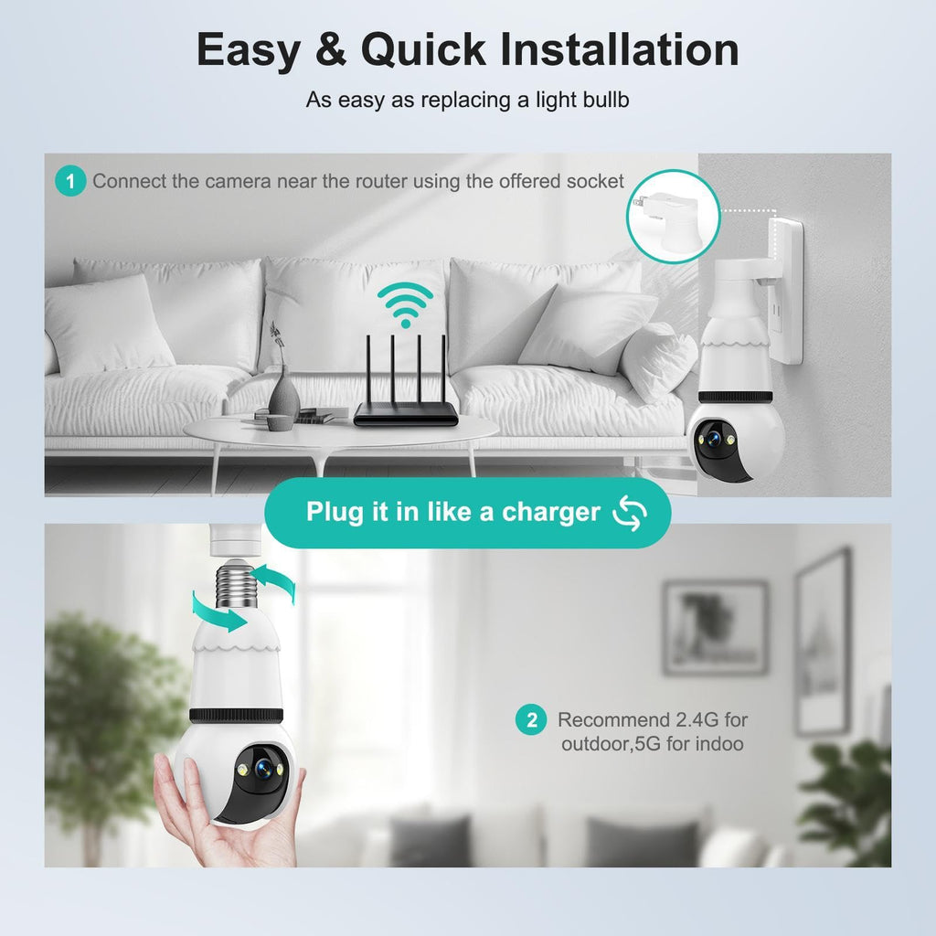 Light Bulb Security Camera 2K Color Night Vision Motion Detection Siren Alarm Two-Way Audio O9634