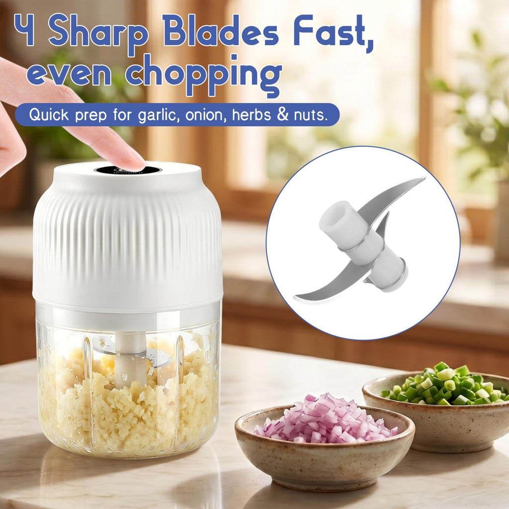 Electric Garlic Chopper, Mini Food Processor, Portable Cordless Garlic Mincer with 4 Stainless Steel Blades, Blue, 300ML G2035
