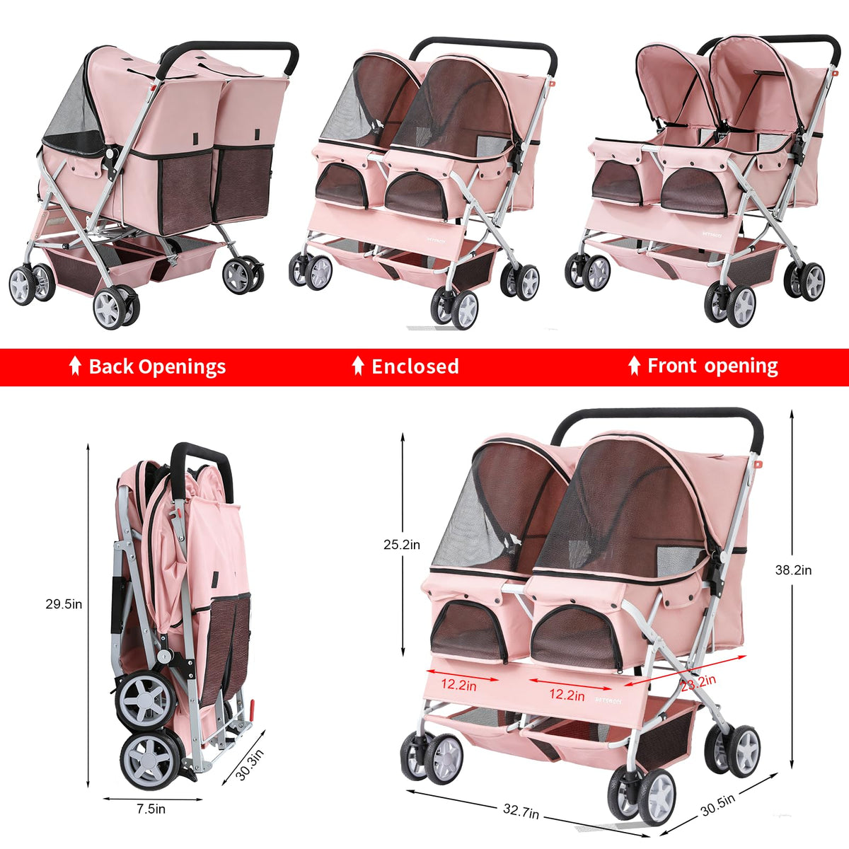 Double Pet Stroller for 2 Small Dogs & Cats, Side-by-Side Twin Travel Carriage with Safety Leashes, Mesh Windows & Double Storage Baskets, Lightweight & Foldable, 44lbs Capacity, Pink O199061