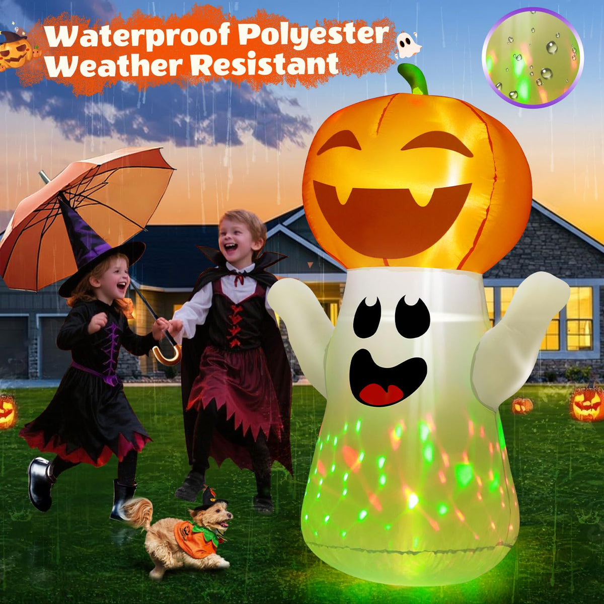 5FT Halloween Inflatables Pumpkin Ghost Built-in 3-Pattern Colorful Flashing Light X3125
