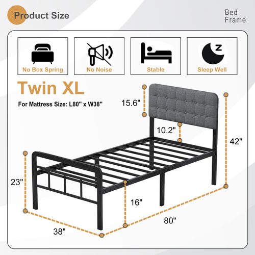 16 Inch Twin XL Upholstered Metal Bed Frame F76536