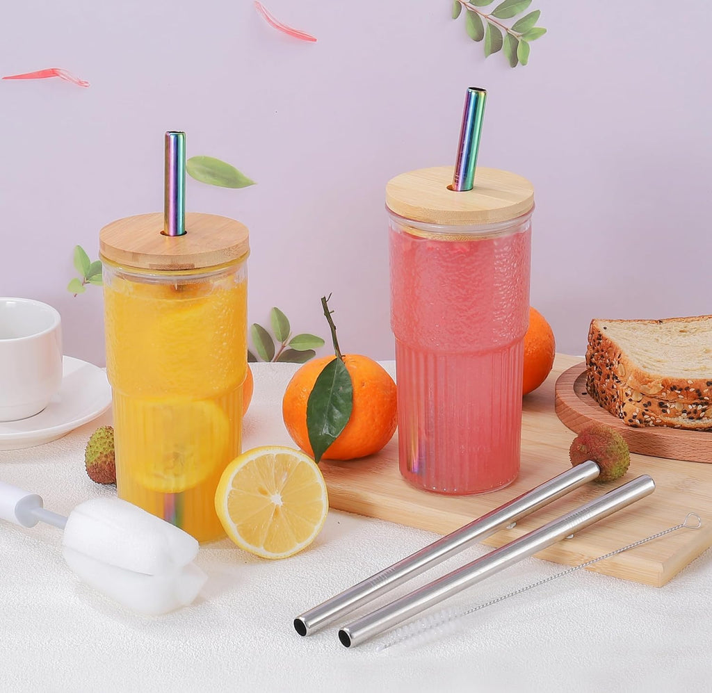22oz Glass Cups Set with Bamboo Lids and Straws S62481
