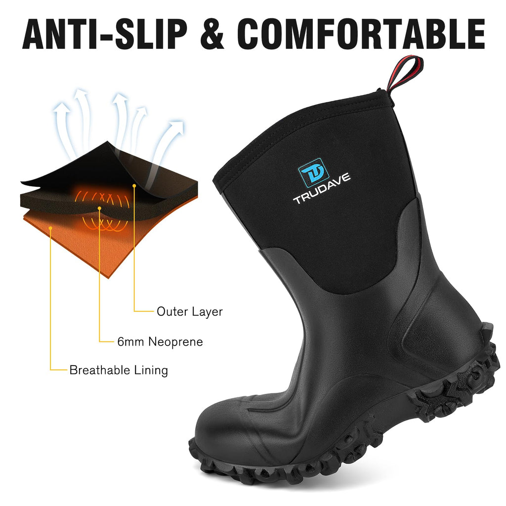 Rubber Boots with Steel Shank, 6mm Neoprene Mid Calf Rain Boots G28135