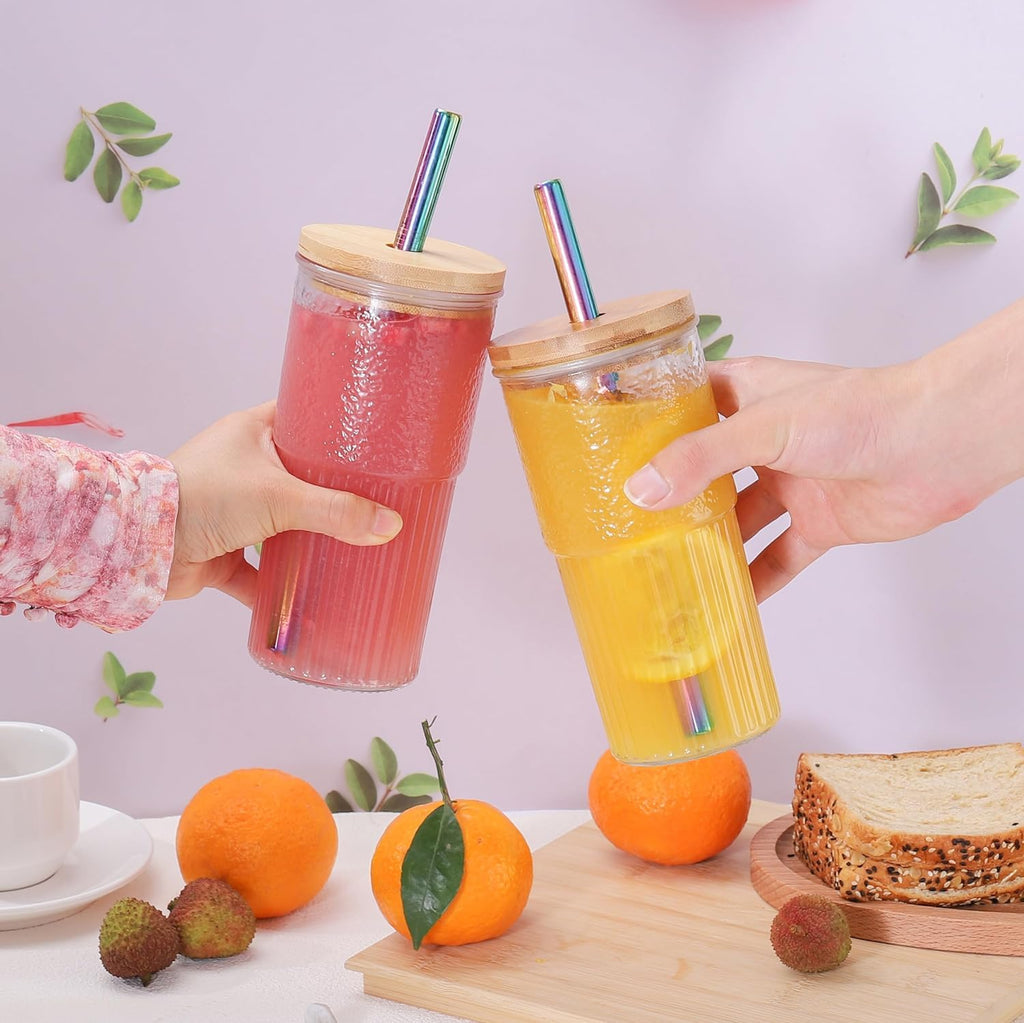 22oz Glass Cups Set with Bamboo Lids and Straws S62481