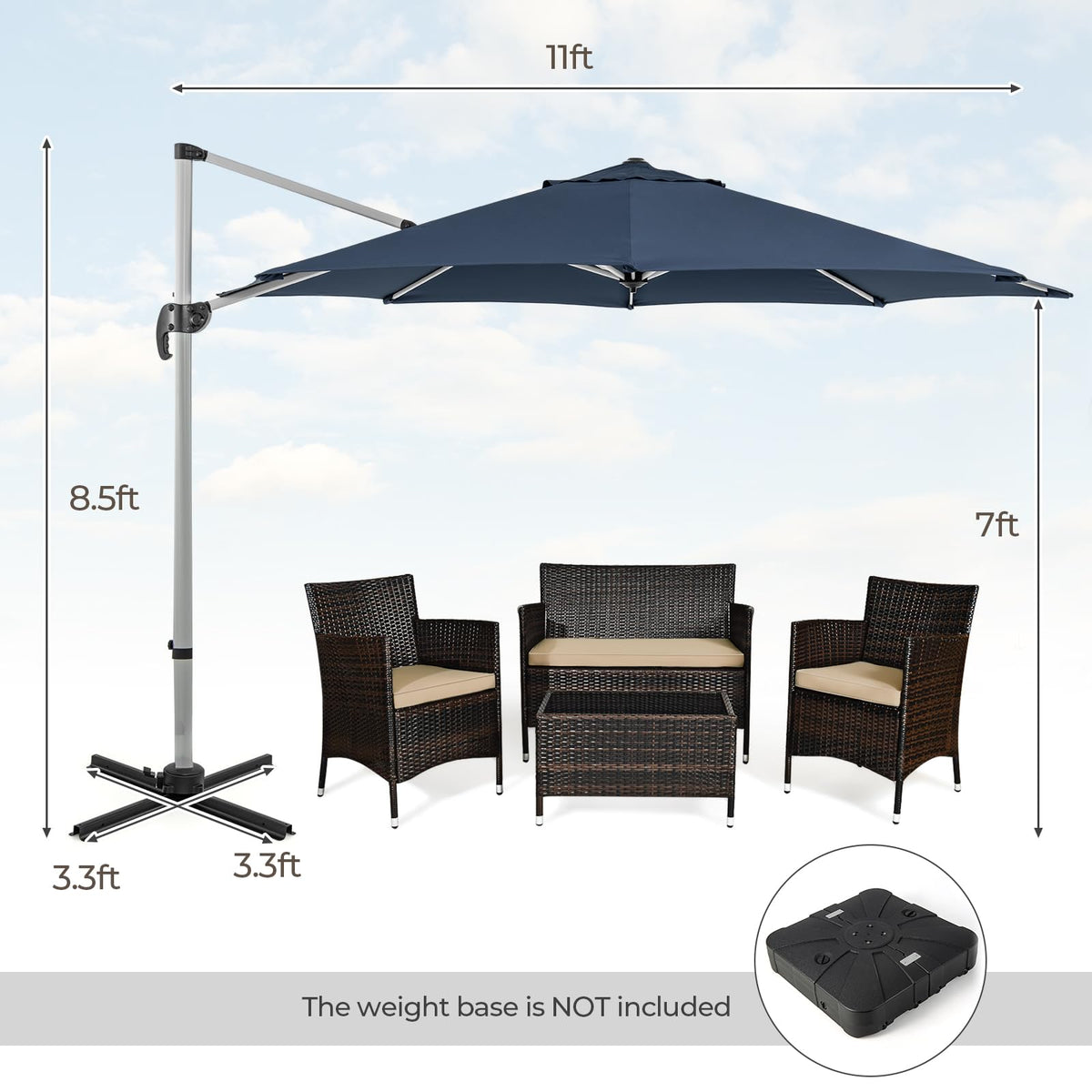 11 FT Cantilever Patio Umbrella with 360° Rotation X333559