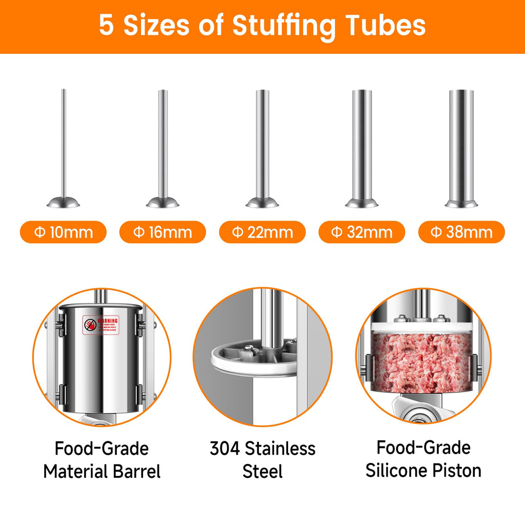 7L Vertical Stainless Steel Sausage Stuffer with 5 Filling Tubes A8877