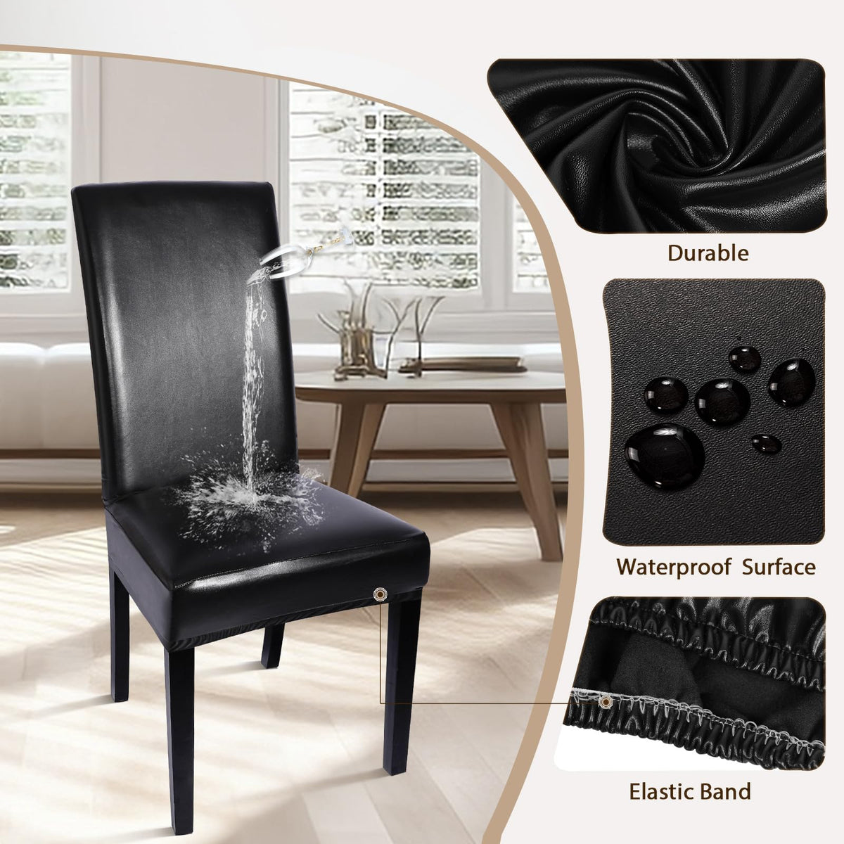 Waterproof PU Leather Dining Chair Covers Set of 4 Black T9832