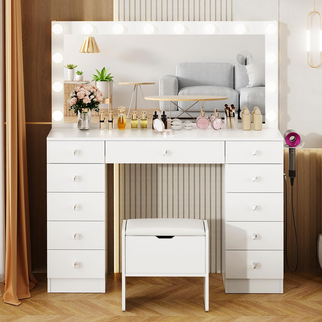 46" Vanity with Lighted Mirror and 11 Drawers J1149