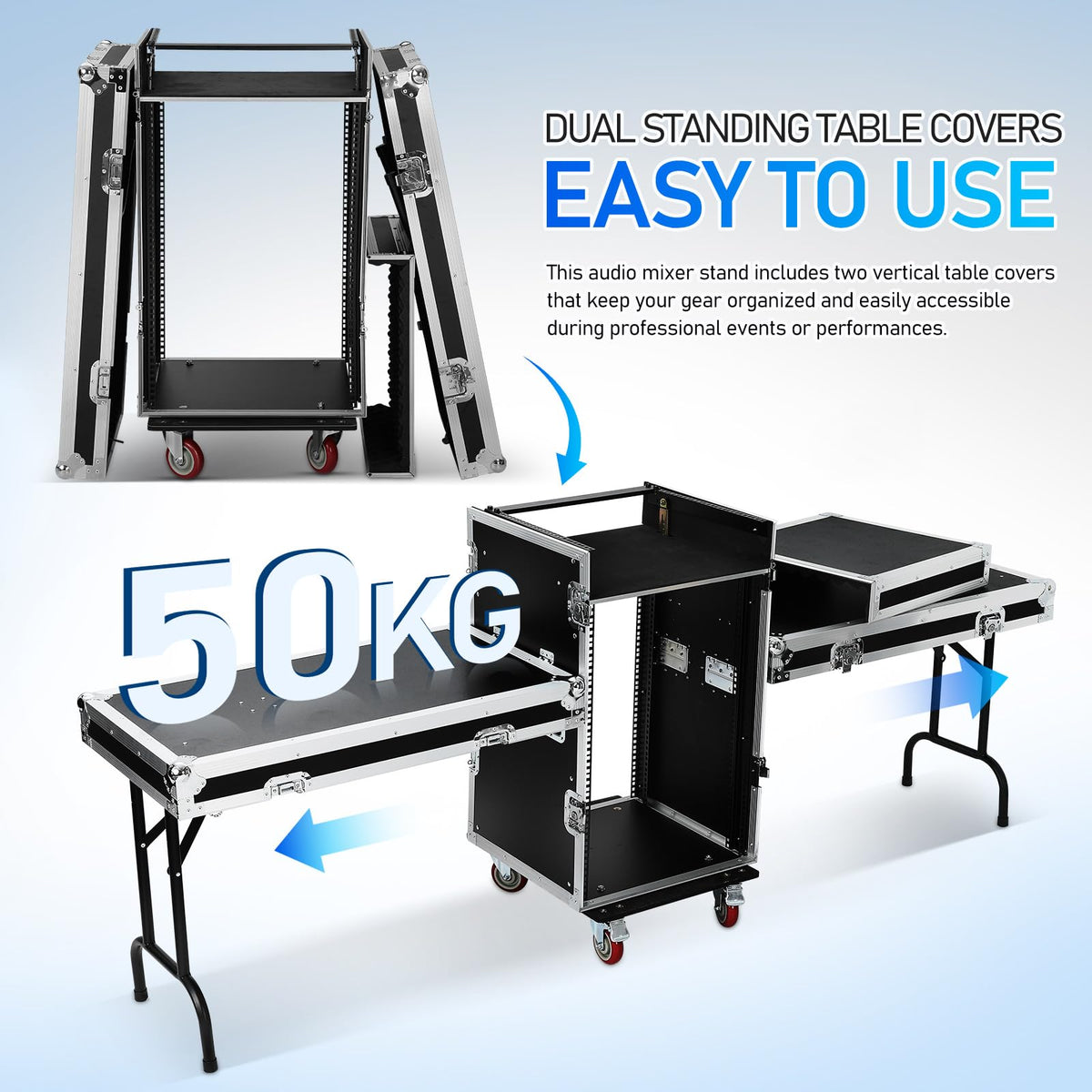 16U DJ Controller Case Rack with 2 Side Tables and 4 Casters O99038