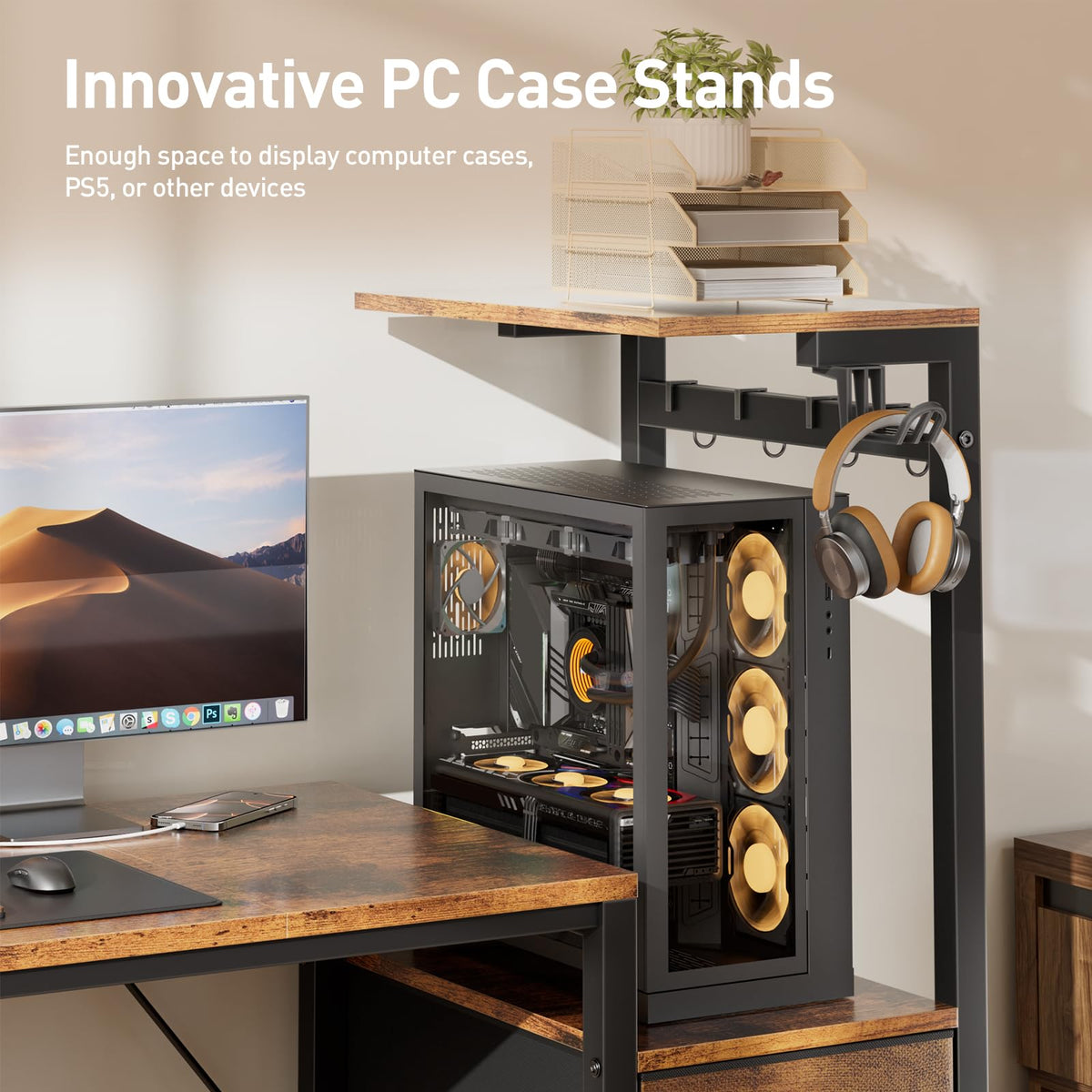 44 Inch Gaming Desk with Power Outlets & LED Lights Q69842