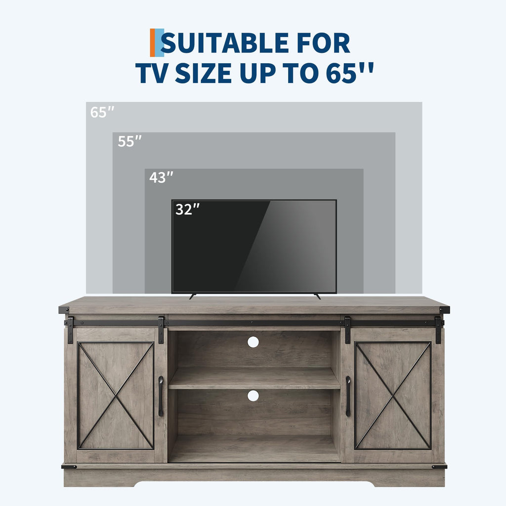 Farmhouse TV Stand with Sliding Barn Doors and Storage Cabinets, Grey E26173