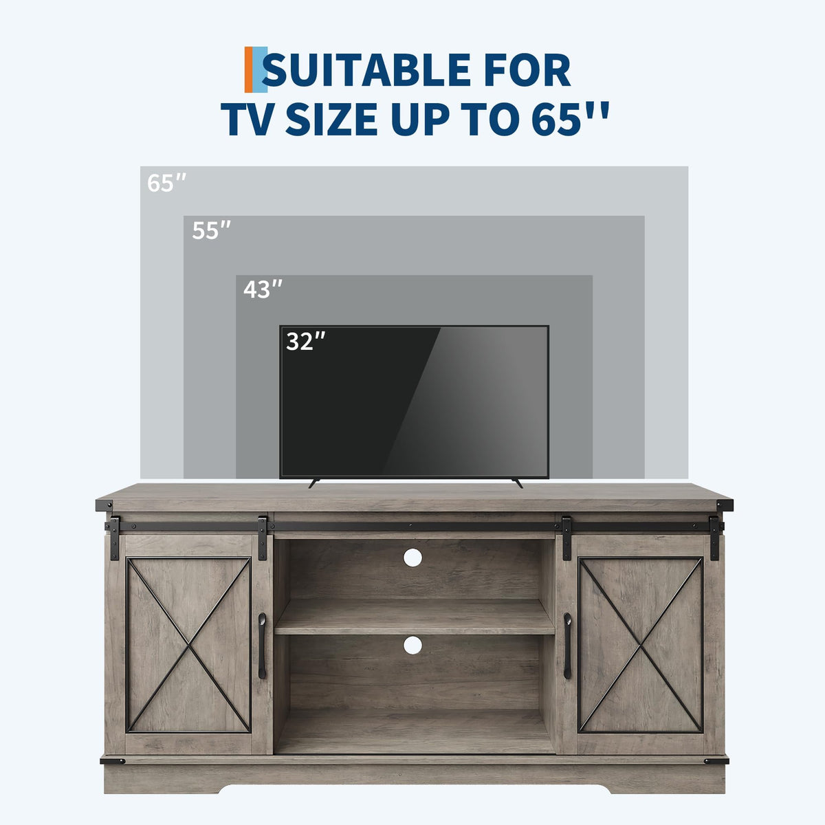 Farmhouse TV Stand with Sliding Barn Doors and Storage Cabinets, Grey E26173