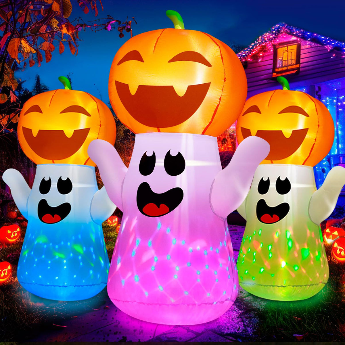 5FT Halloween Inflatables Pumpkin Ghost Built-in 3-Pattern Colorful Flashing Light X3125