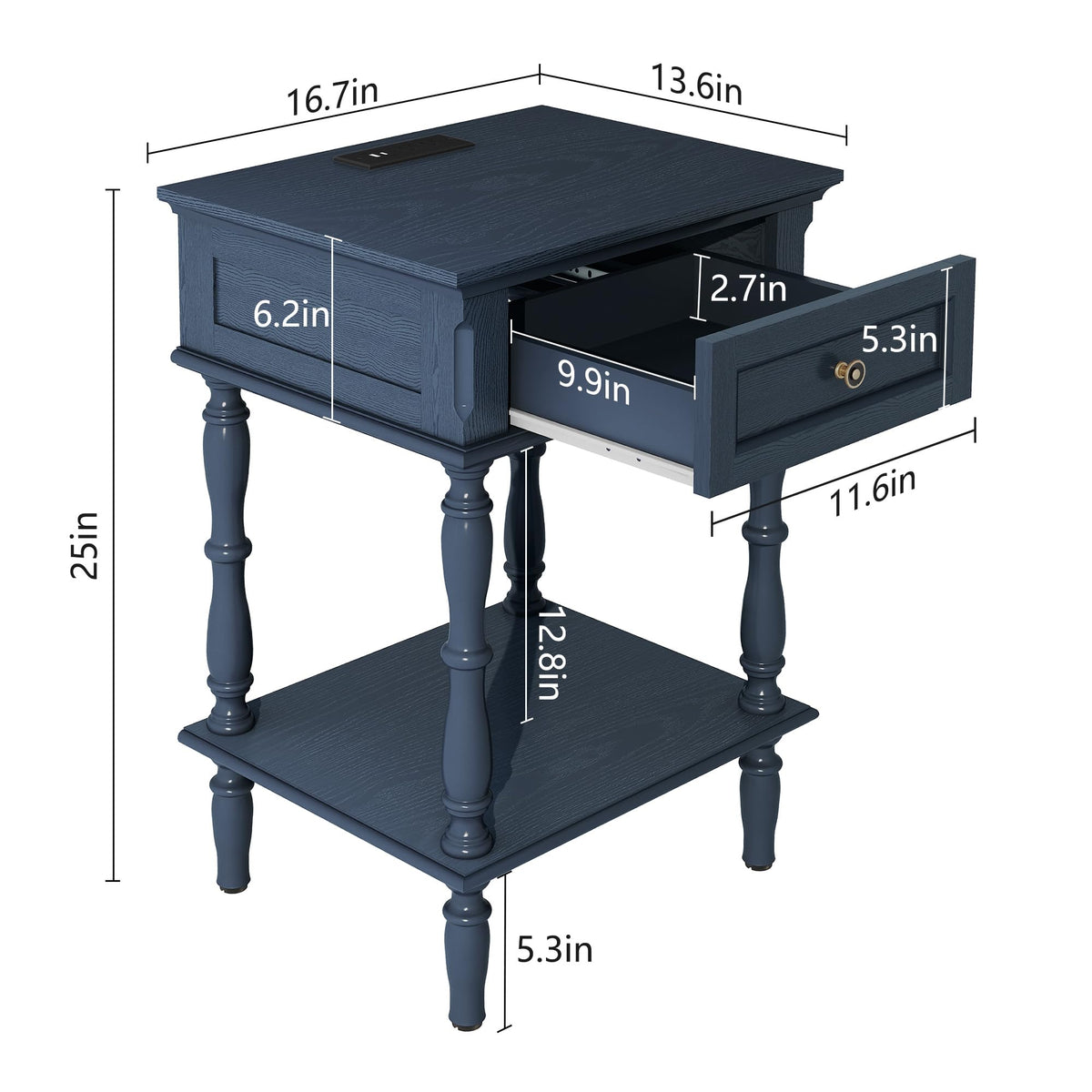 Blue Nightstands Set of 2 with Charging Station & Storage Shelf E172