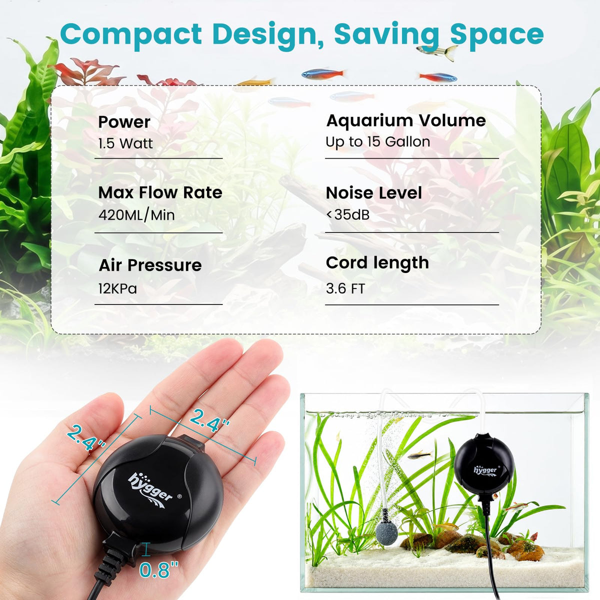 Quiet Mini Aquarium Air Pump 1.5 Watt with Air Stone Black L8027