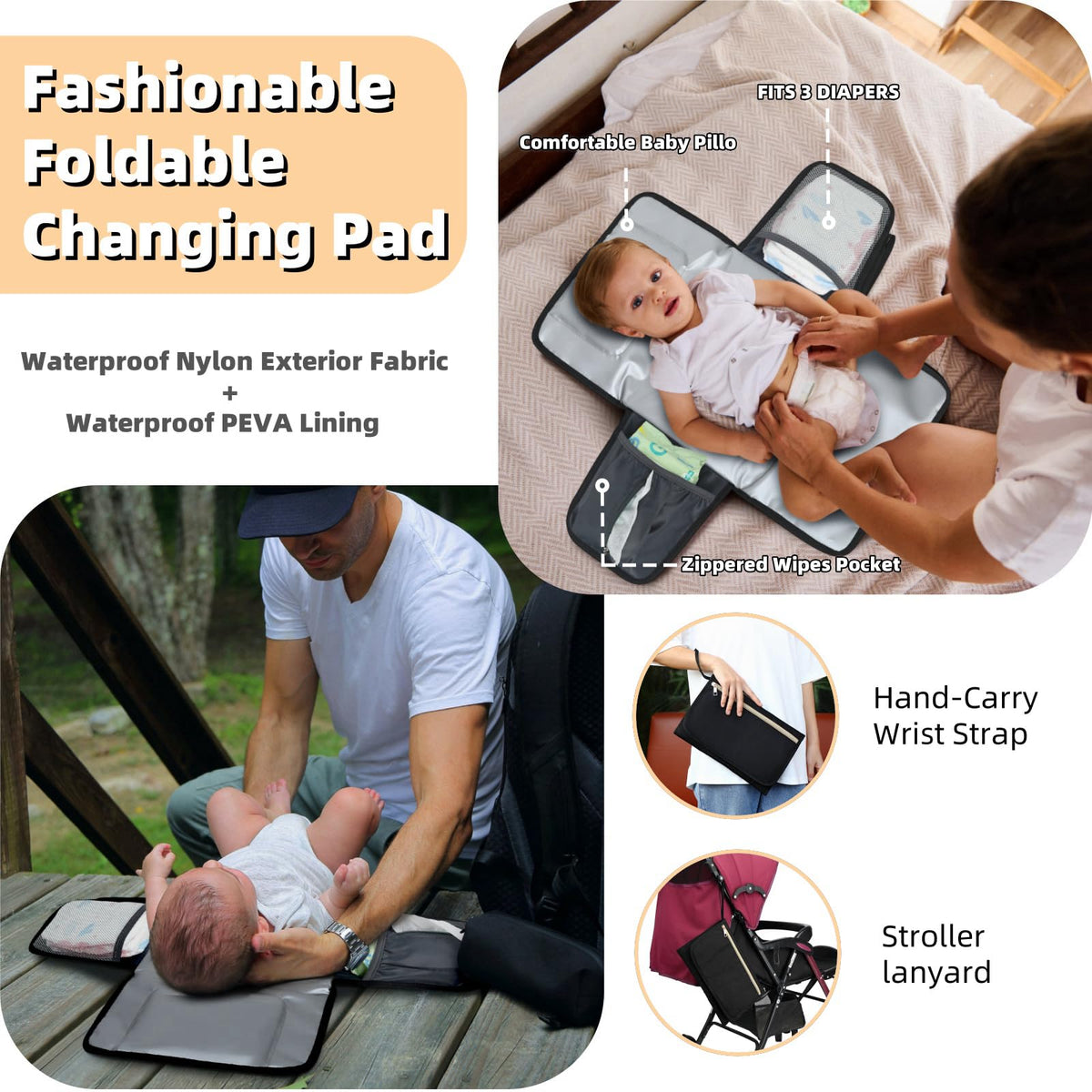 Black Waterproof Quilted Diaper Bag Backpack with Changing Pad G557549