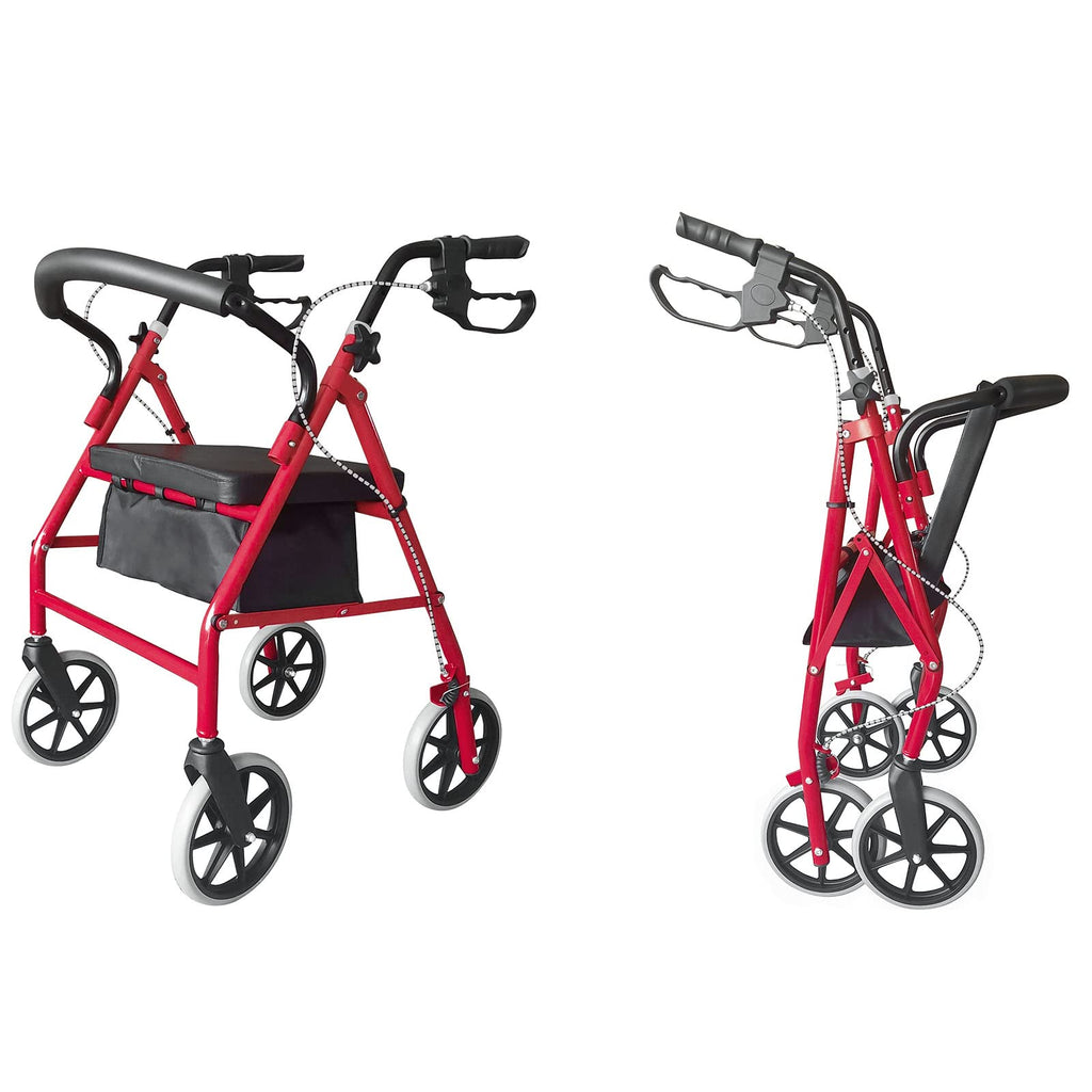 Red Height Adjustable Steel Rolling Walker with Seat C68289