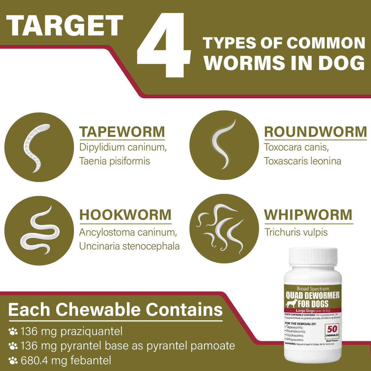 Chewable Dewormer for Dogs Over 45 lbs, 50 Beef Flavored Chewables F697455