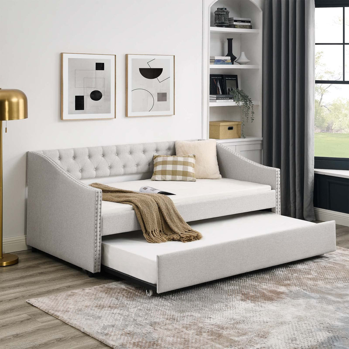 Velvet Upholstered Twin Size Daybed with Trundle I83706